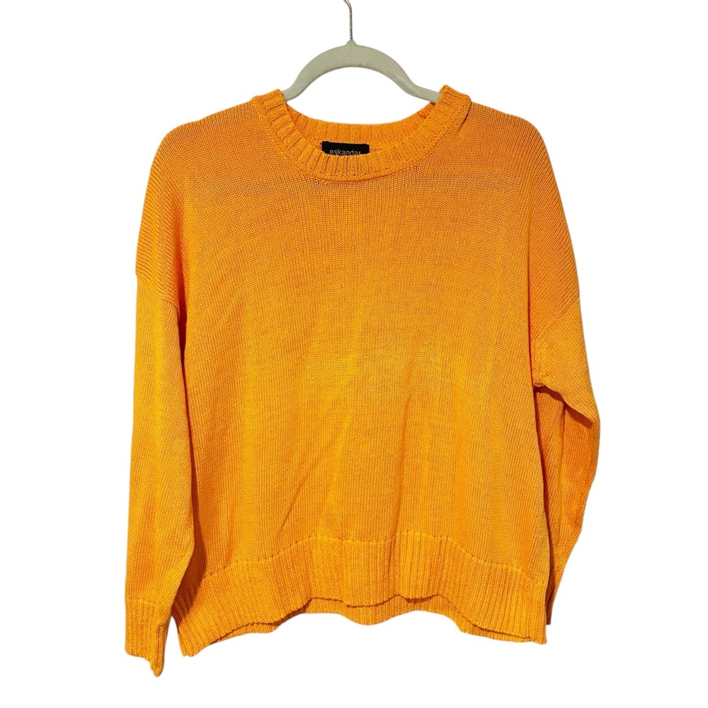 Eskandar Orange Ribbed Cotton Ribbon Crewneck One Size Knit Top
